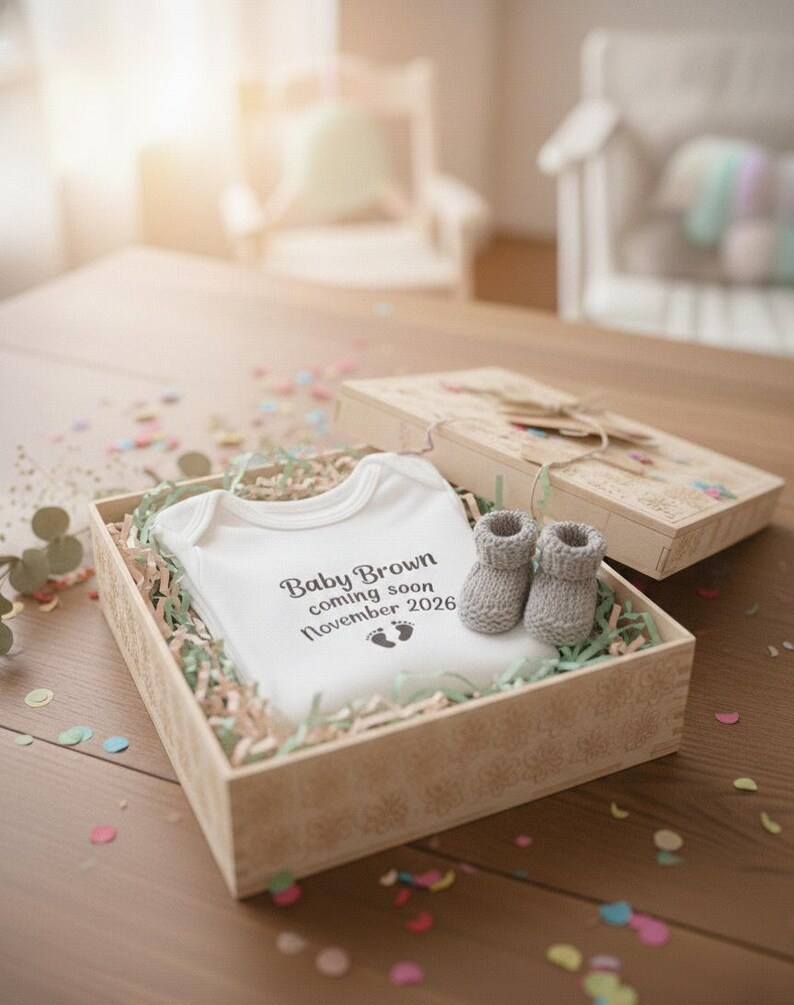 Pregnancy announcement bodysuit presented in gift box