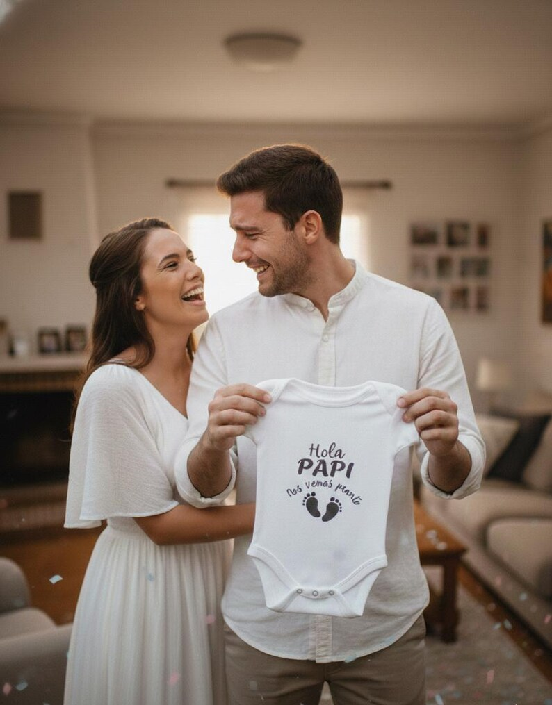 Couple holding a personalized baby bodysuit